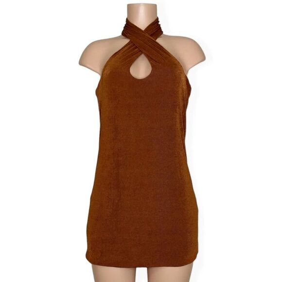 NWT With Jéan chocolate cinnamon brown Lena wrap halter dress size M 6-8 - Picture 7 of 10